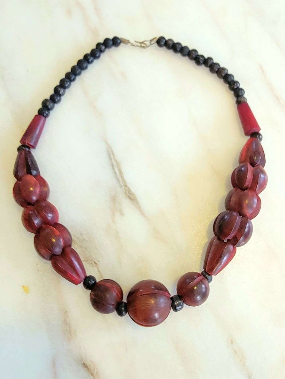 Vintage Carved African Padauk Choker | Oxblood Red · West African Artisan
